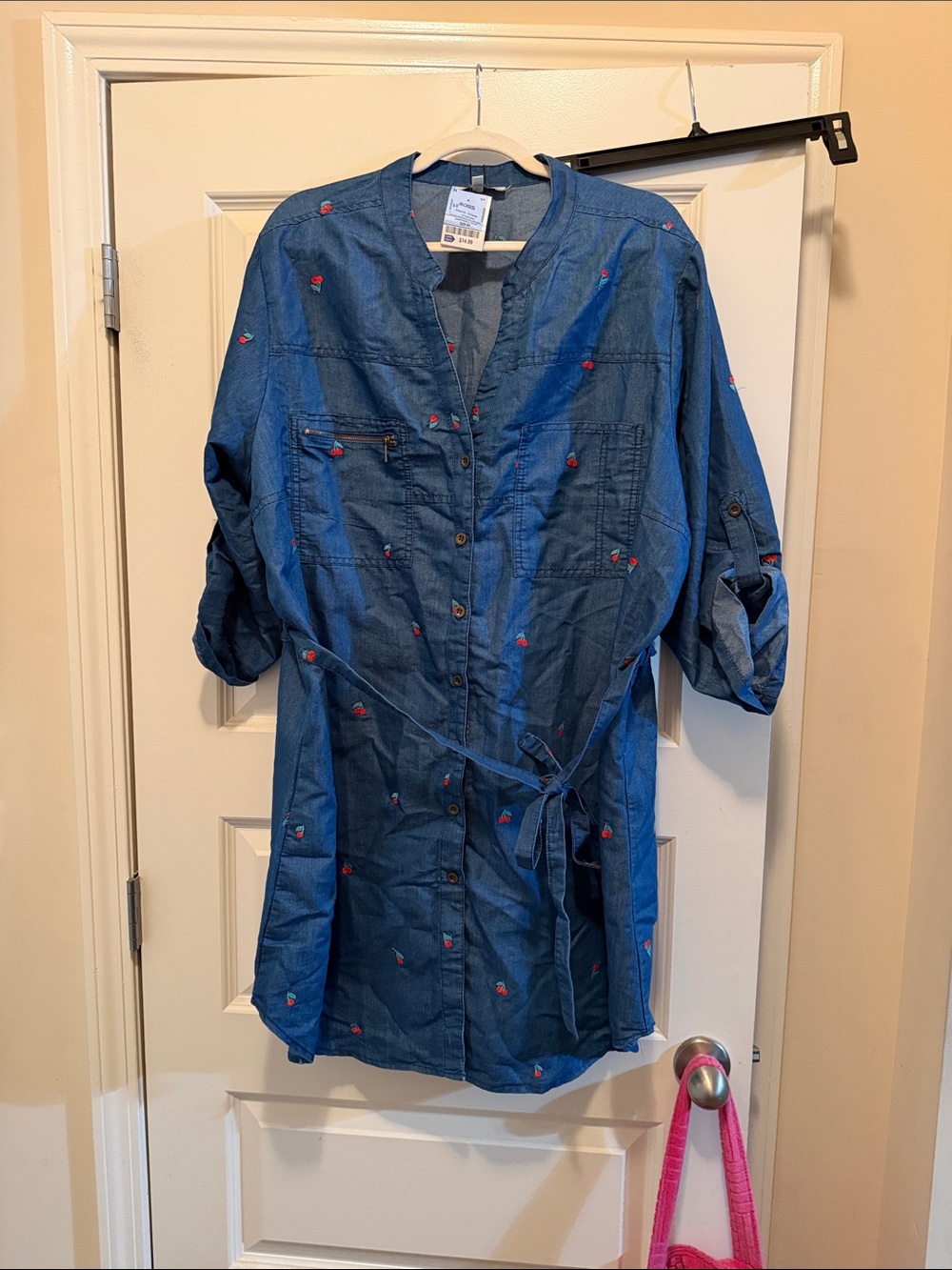 Blue Embroidered Button-Front Shirt Dress